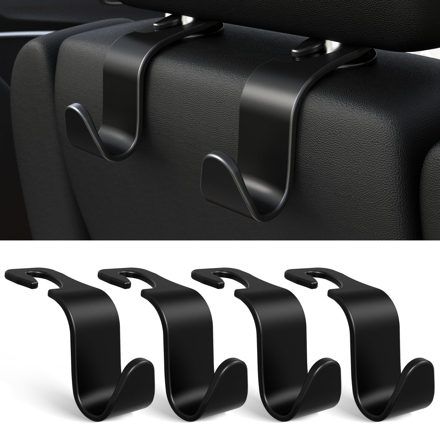 Amooca Car Headrest Hooks – 4-Pack, 360° Rotation, 55lb Capacity – Black