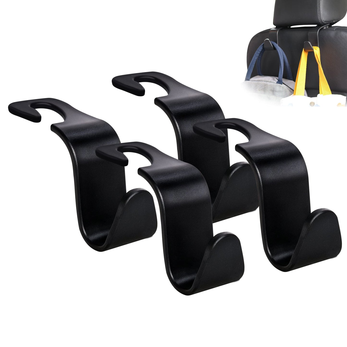 Amooca Car Headrest Hooks – 4-Pack, 360° Rotation, 55lb Capacity – Black