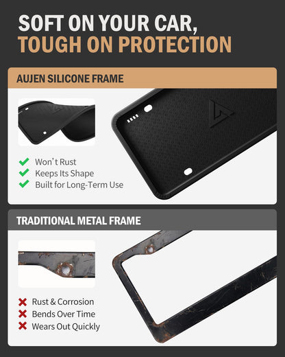 Aujen Black License Plate Frames (2-Pack) – Silicone, Rust-Proof, Rattle-Proof