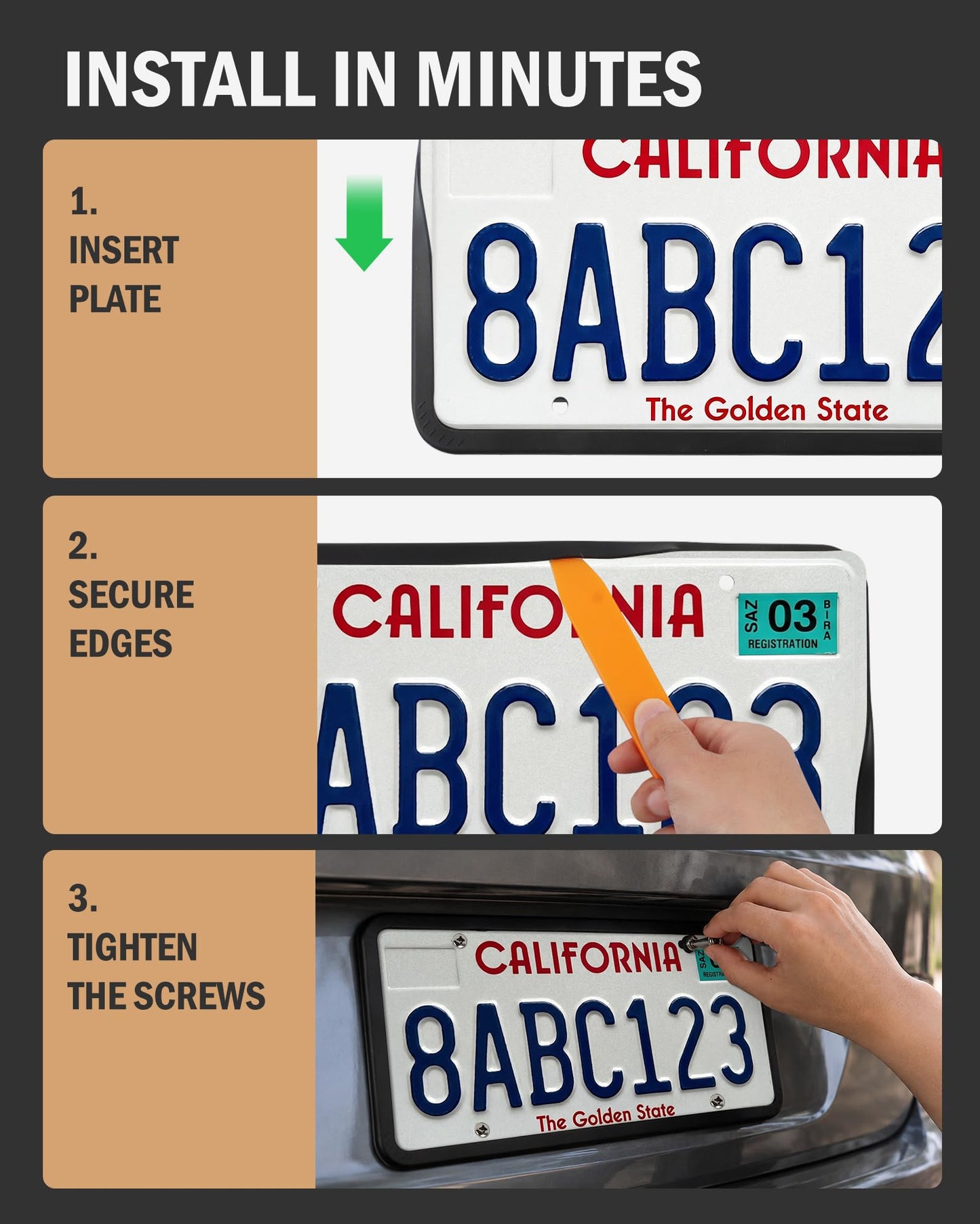 Aujen Black License Plate Frames (2-Pack) – Silicone, Rust-Proof, Rattle-Proof