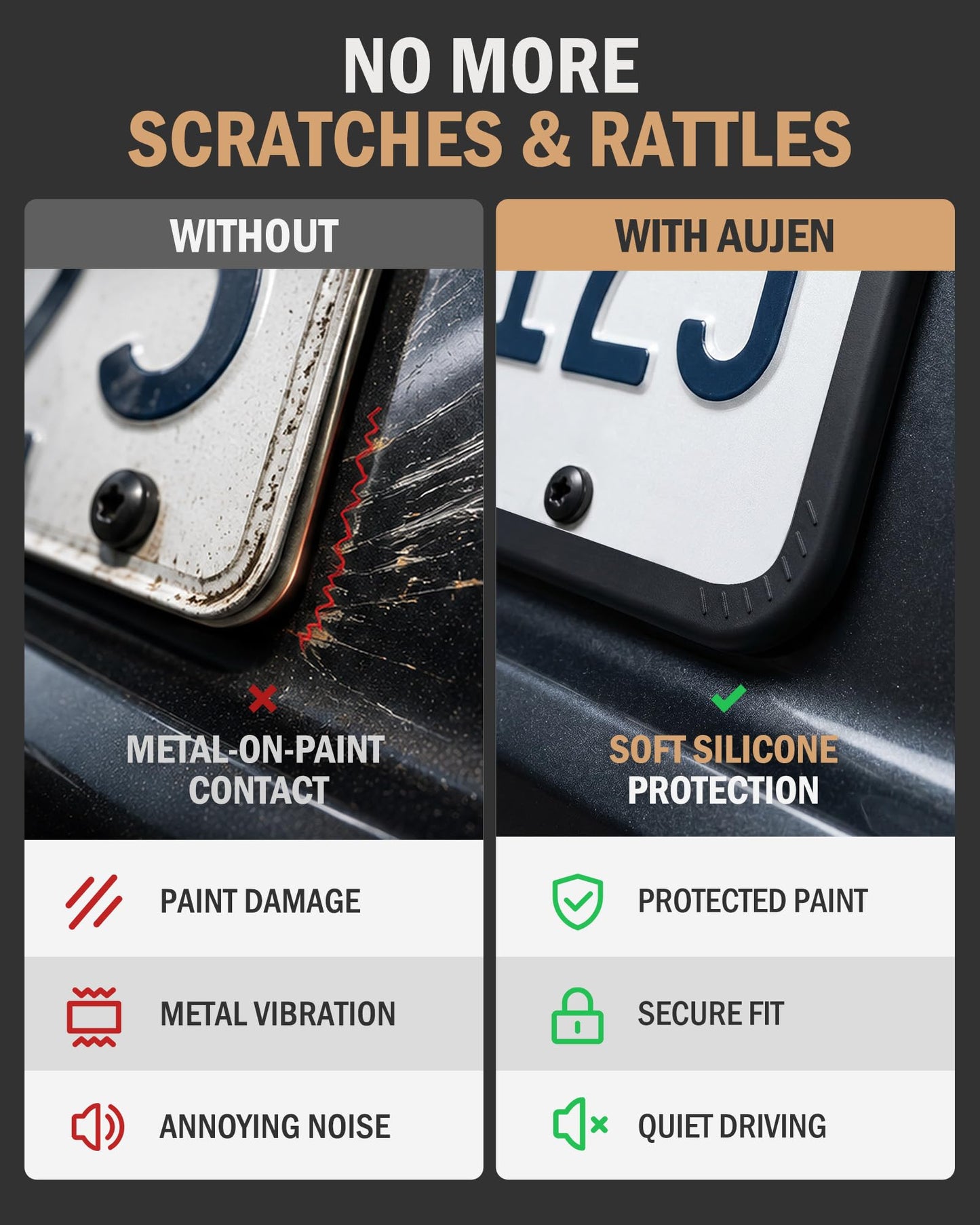 Aujen Black License Plate Frames (2-Pack) – Silicone, Rust-Proof, Rattle-Proof