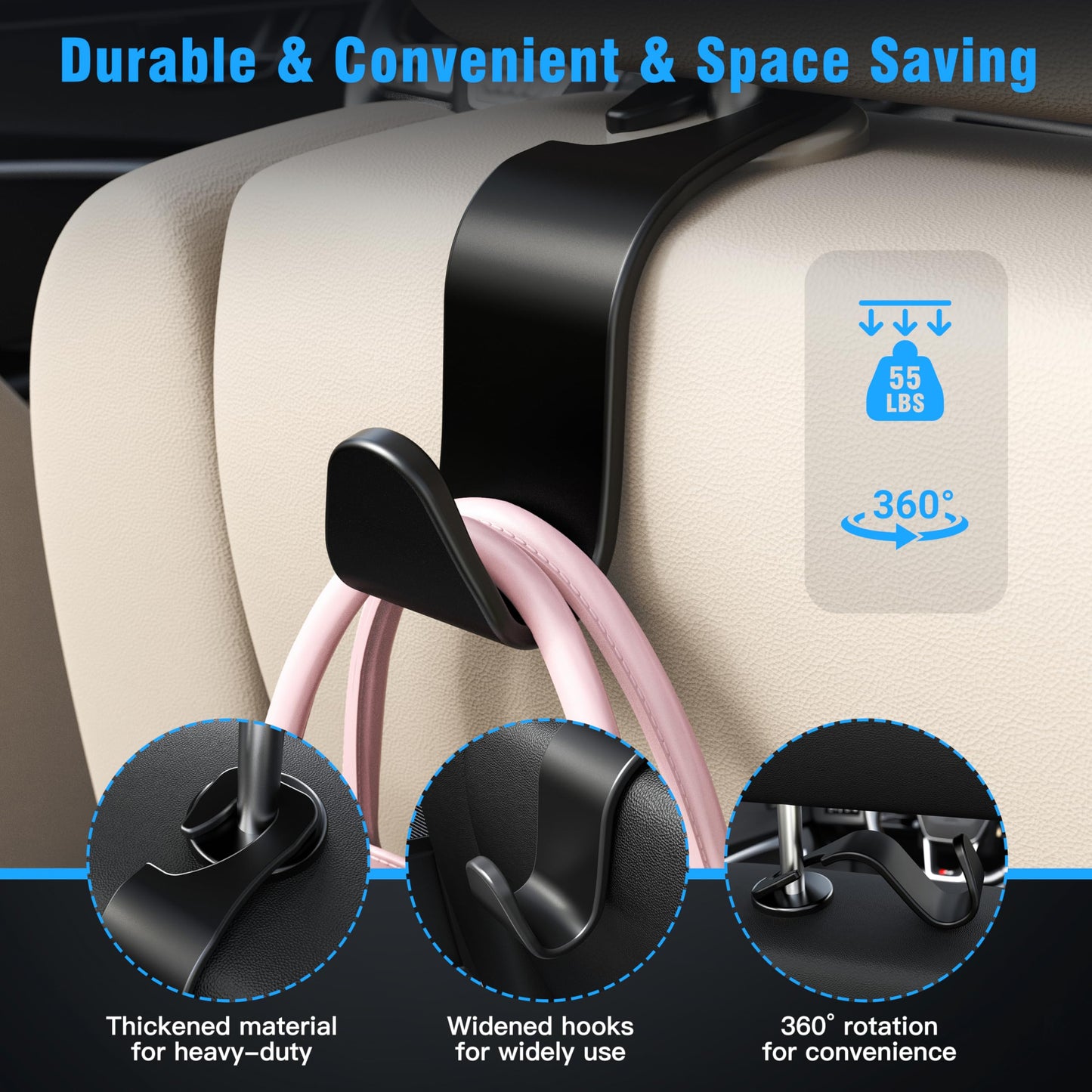 Amooca Car Headrest Hooks – 4-Pack, 360° Rotation, 55lb Capacity – Black