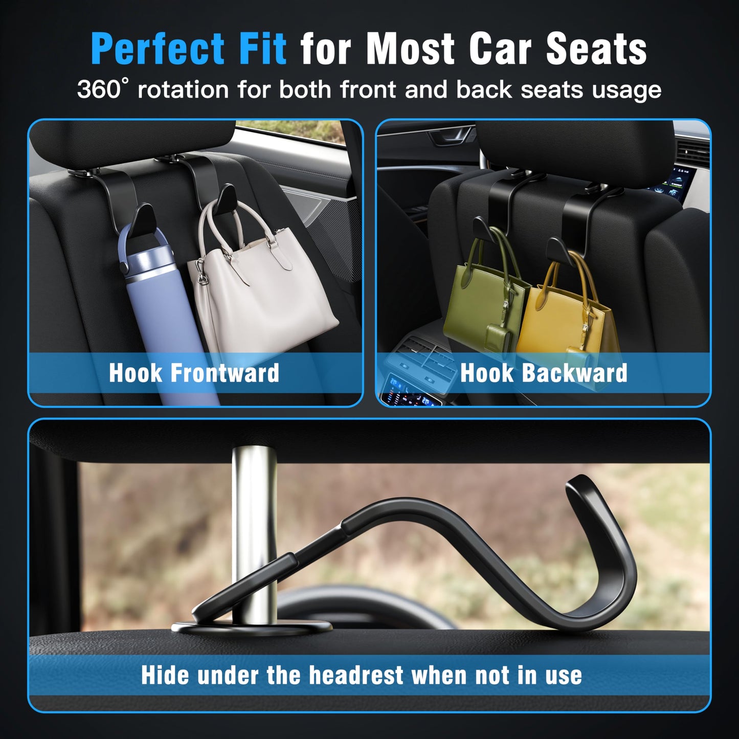 Amooca Car Headrest Hooks – 4-Pack, 360° Rotation, 55lb Capacity – Black