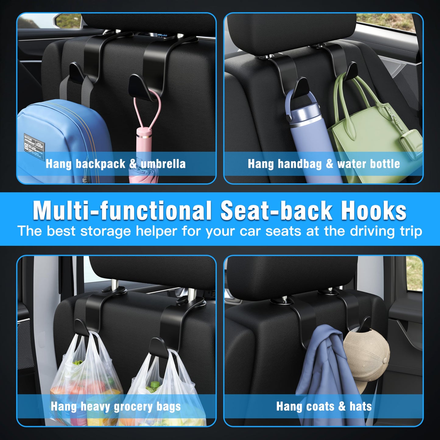 Amooca Car Headrest Hooks – 4-Pack, 360° Rotation, 55lb Capacity – Black